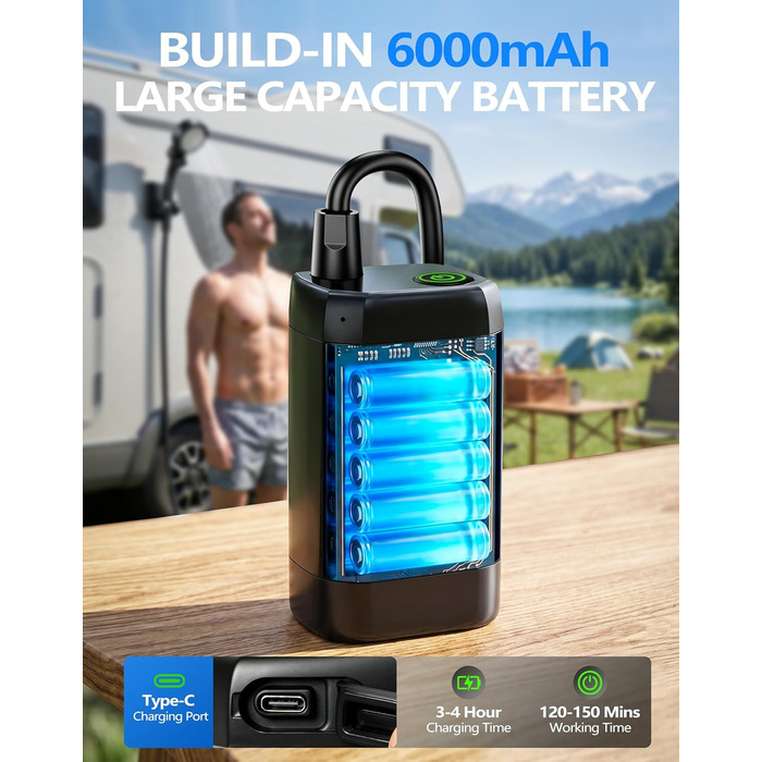 Портативний кемпінговий душ LuxBlue з акумулятором 6000mAh, помпою, LED-дисплеєм температури та шлангом 2м для активного відпочинку та кемпінгу