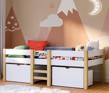 Дитяче ліжко Bellabino 90x200 Aspy, біле напіввисоке з бортиком, масив дерева, з ламелями та 2 шухлядами, для хлопчиків і дівчаток, ліжко з місцем для зберігання