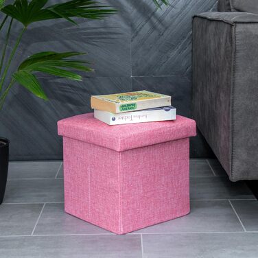 Складний пуф INTIRILIFE 30x30x30 см, рожевий «Сакура», тканина під льон, з відділенням для зберігання, кришка, сидіння-куб, пуф-скриня
