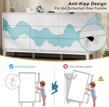 Комод UEV з 9 шухлядами 160x40x78,5 см, сучасний дизайн з хвилястим візерунком, тумба під телевізор, шафа для зберігання, вузький комод, буфет, сайдборд для вітальні, спальні, коридору, білий і синій