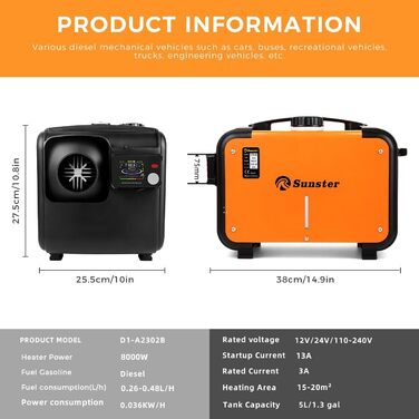 Дизельний опалювач 8kW з Bluetooth, 12V/24V/230V для вантажівки, автодому, транспорту. Автоматичний старт-стоп, 2025 (Помаранчевий)