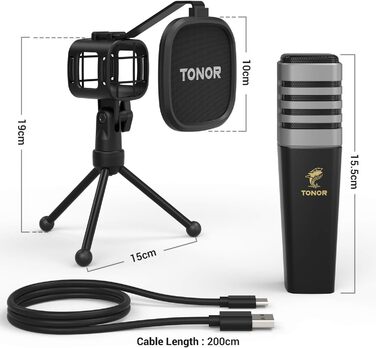 USB конденсаторний мікрофон TONOR TC30 з підставкою, поп-фільтром та павуком, кардіоїдна діаграма, для стрімінгу, подкастів, озвучування, сумісний з ПК, ноутбуком
