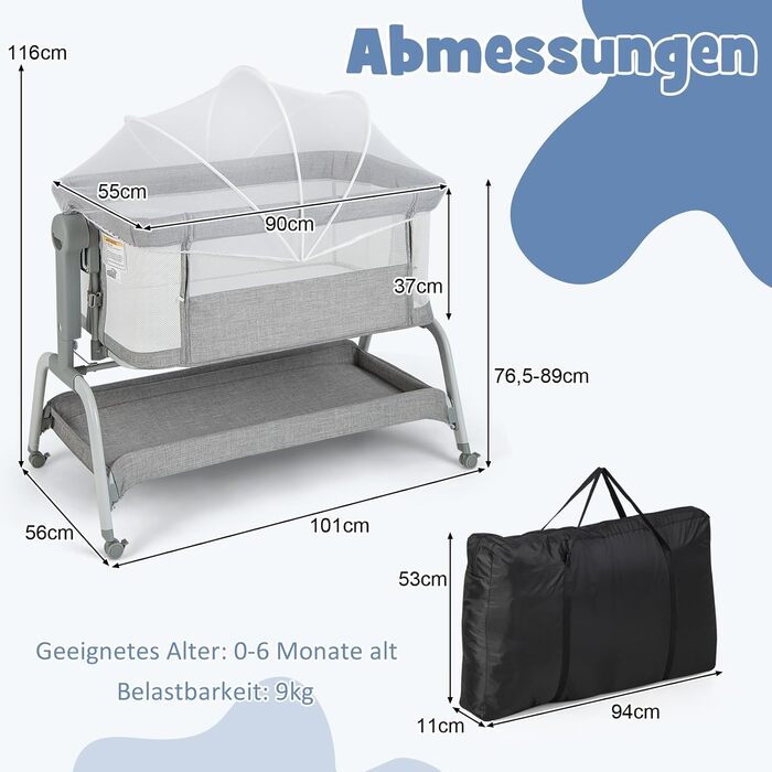 Дитяче ліжко COSTWAY 4-в-1 з москітною сіткою, колір сірий. Ліжко-гойдалка, манеж, колиска та туристичне ліжко з регульованою висотою та сумкою для перенесення. Підходить для малюків до 6 місяців.