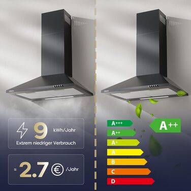 Витяжка кухонна CIARRA CBCB6201 чорна, пірамідальна, 60 см, 404 м³/год, A++, LED-підсвітка, з вугільним фільтром CBCF002X2, режим рециркуляції та відведення