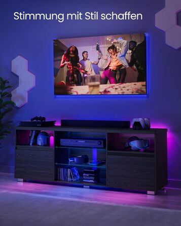 TV-тумба VASAGLE Kailyn LTV331T10 чорна з LED підсвіткою під телевізор до 70 дюймів, з полицями та шафками для вітальні