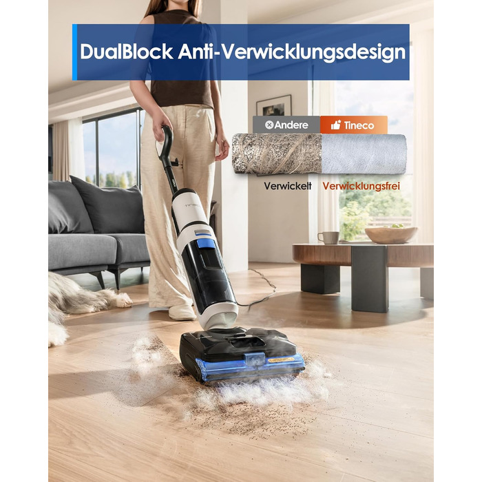Tineco Floor One S6 Stretch Steam: Волого-сухий пилосос для твердих підлог з функцією пари, 22000 Па, Anti-Tangle, Flashdry 85°C, 50 хв роботи, для шерсті тварин