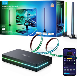 Комплект Govee HDMI 2.1 Sync Box 2 з LED-підсвіткою та Lightbar, AI синхронізація, підтримка 8K@60Hz, 4K@144Hz, VRR, ALLM, Matter та Alexa, підсвітка для моніторів 27-34 дюйми