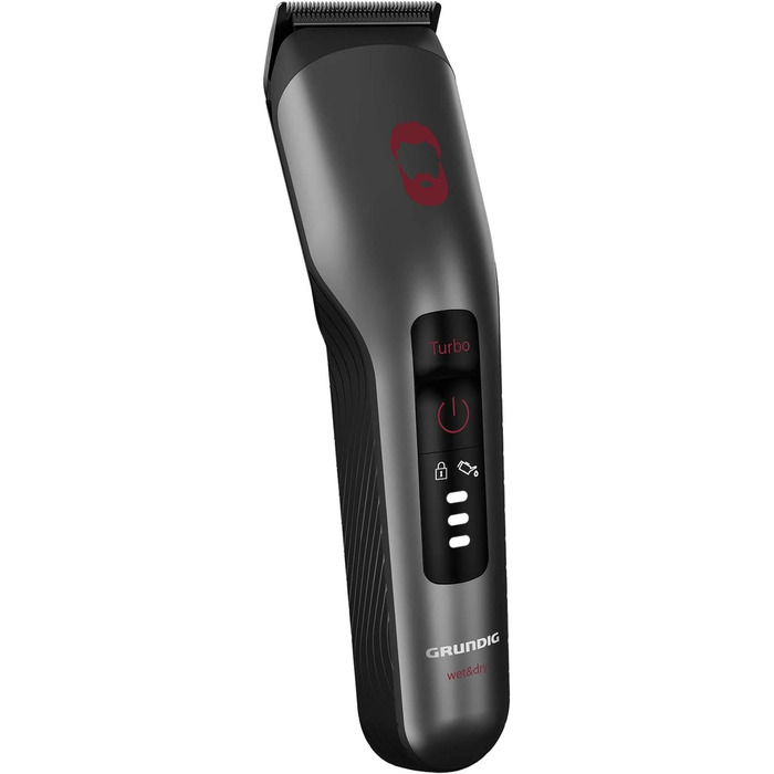 Машинка для стрижки волосся та бороди GRUNDIG ProClub MC 8030 з сенсором BeardCare, титановими лезами, 2 насадками, довгий час роботи, для вологого та сухого використання, темно-матовий хром/червоний