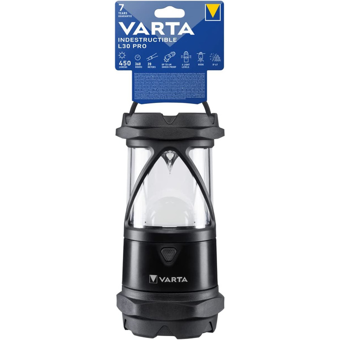 LED кемпінговий ліхтар VARTA Indestructible L30 Pro з 6 батарейками AA, водонепроникний, з нічним режимом, для риболовлі, кемпінгу, аутдор та аварійного освітлення