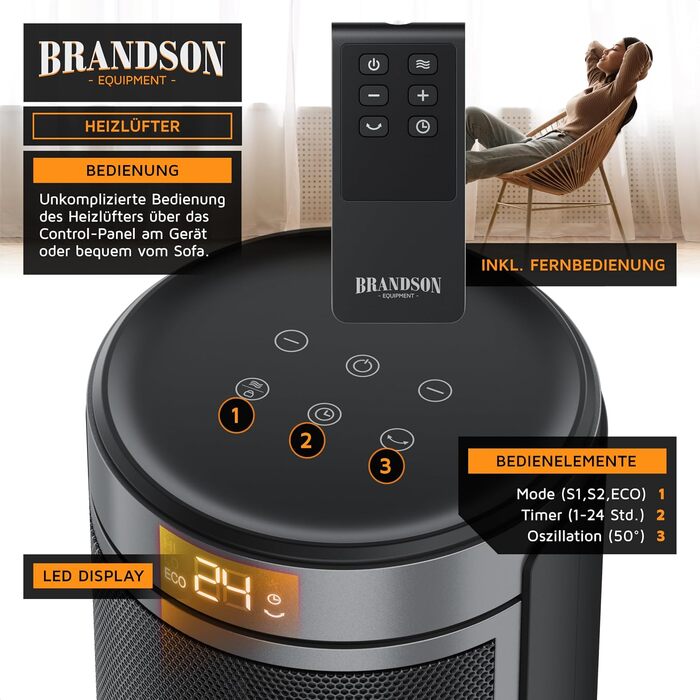 Тепловий обігрівач Brandson ECO Design з дистанційним керуванням, ECO-режимом та осциляцією, 2 рівні потужності, захист від перегріву та перекидання, колір Cool Grey