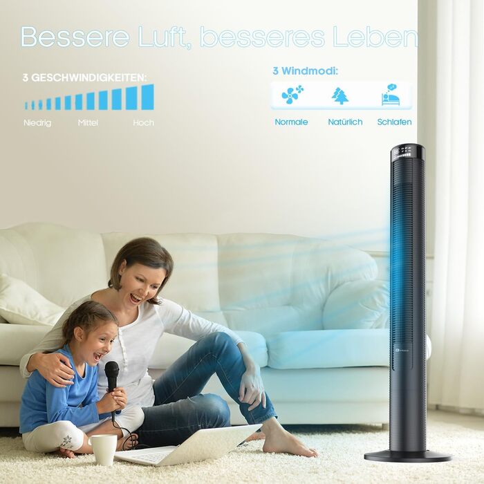 Оcцилюючий безлопатевий вентилятор PureMate 117 см, з пультом ДУ, 3 швидкості, 4 режими, таймер 12 год, 45 Вт, тихий, для дому та офісу, чорний