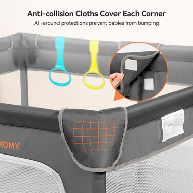 Манеж для дітей COMOMY 127x127 см, безпечний ігровий майданчик з м'якою сіткою та протиковзним дном, сірий