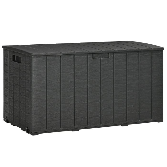 Ящик для подушок Gartenbox об'ємом 366 літрів з міцного двостінного пластику. Водостійкий, з колесами та зручними ручками для переміщення. Має реалістичне імітування текстури дерева.