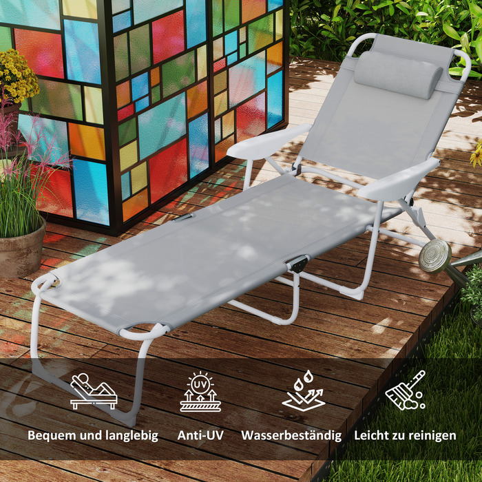 Outsunny Sun Lounger Складний садовий шезлонг з подушкою, шезлонг з регульованою спинкою в 4 напрямках, стійкий до погодних умов шезлонг для кемпінгу, садове крісло навантаження до 120 кг, для саду на відкритому пляжі світло-сірий