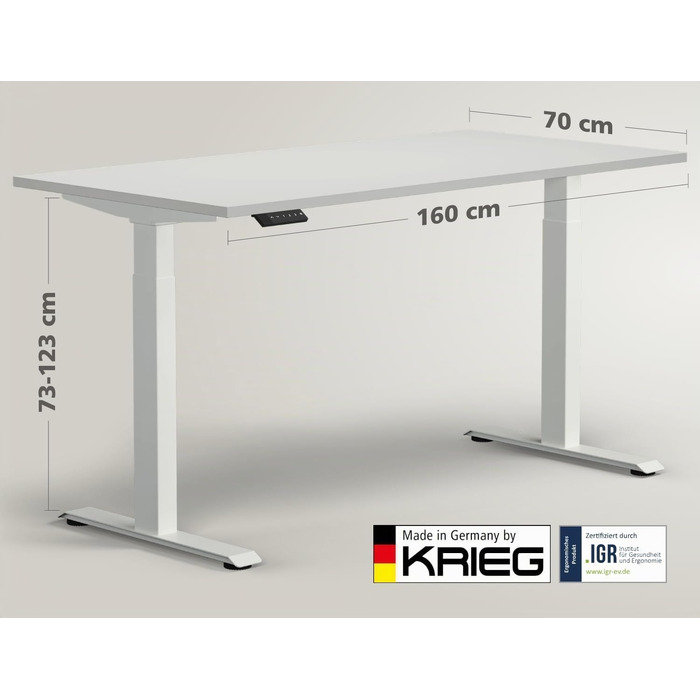 Електричний підйомний стіл KRIEG HighDesk Basic 160 x 70 см, білий — Регульований стіл для роботи сидячи та стоячи
