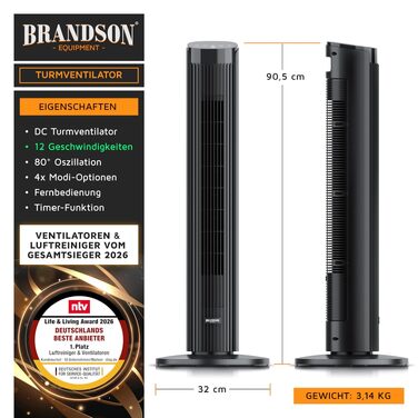 Вентилятор підлоговий Brandson ECO Design DC мотор, 12 швидкостей, з пультом, тихий, коливання
