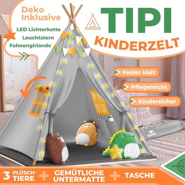 Дитячий ігровий намет KIDIZ Tipi 100x100x160 см з бавовни з LED-гірляндою, світловою зіркою, прапорцевою гірляндою, 3 плюшевими іграшками, килимком і сумкою для зберігання, для дому та вулиці