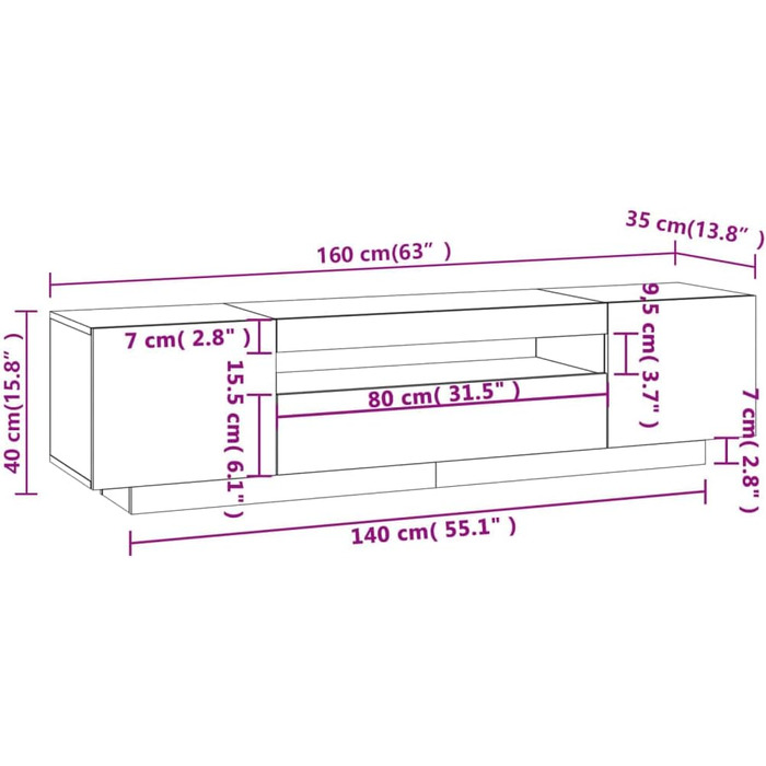 TV тумба vidaXL з LED-підсвіткою, сіра, Sonoma, 160x35x40 см, меблі для вітальні, телевізійний стіл, HiFi-шкаф