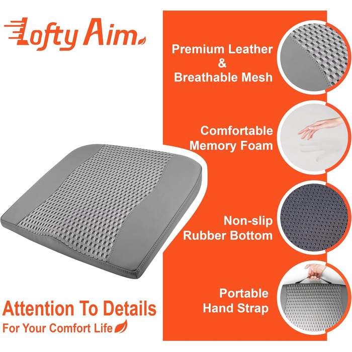 Автомобільна подушка Lofty Aim з Memory Foam для водія: підтримка спини, зняття болю при ішіасі, дихаючий чохол з PU-шкіри (сірий)