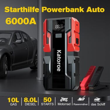 Бустерний пускач автомобіля 6000A з компресором 150 PSI, Powerbank для авто 12V (бензин до 10L, дизель до 8L), з LED-ліхтарем та дисплеєм, червоний