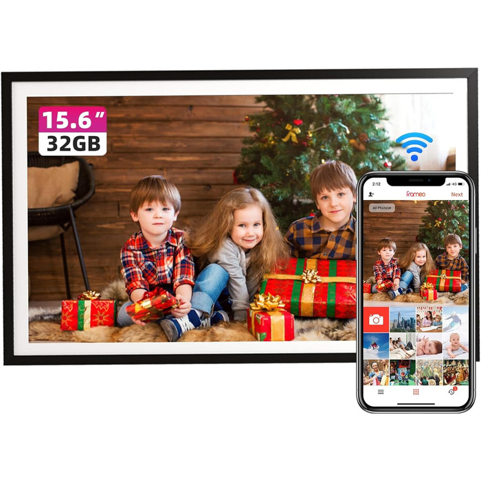 FRAMEO Цифровий фоторамка 15.6 дюймів FHD, сенсорний екран, 32GB, Wi-Fi, віддалене завантаження фото та відео, календар, погода, музика, чорний