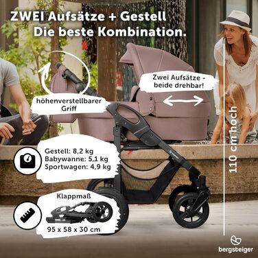 Дитяча коляска 3-в-1 Bergsteiger Capri – люлька, автокрісло i-Size, прогулянковий блок, повітряні колеса, амортизація, регульована ручка, складна, аксесуари (колір: коричневий, рама: антрацит)