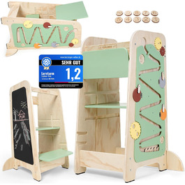 Дерев'яний навчальний столик-лесенка EXPLORER Kids® Montessori 5-в-1 | Регульована висота, захист від падіння, захист від перекидання | Розвиває моторику, цифри та форми | Білий та салатовий кольори | Для дітей від 1 року