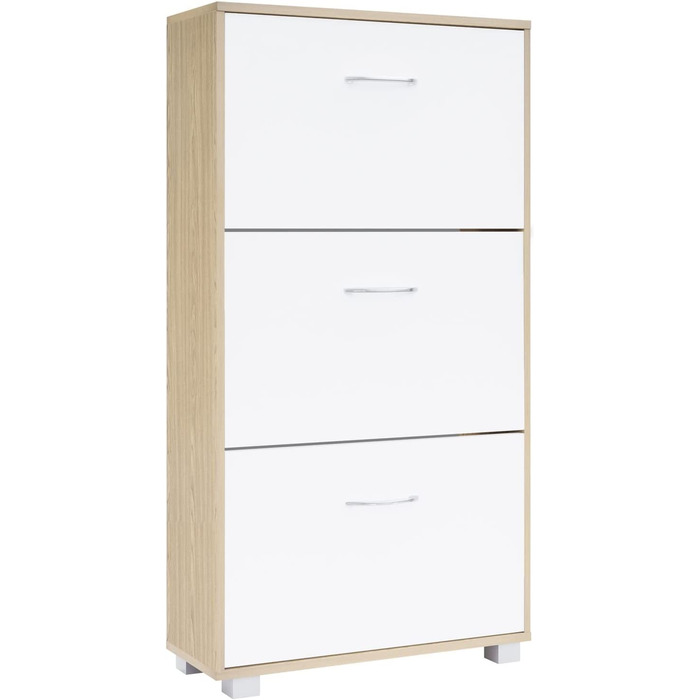 Шафа для взуття Casaria® на 18 пар, вузька, 115x60x25 см, 3 дверцята, висока, з дерева, закрита, з фіксацією від перекидання, для прихожого, світла бука/білий колір