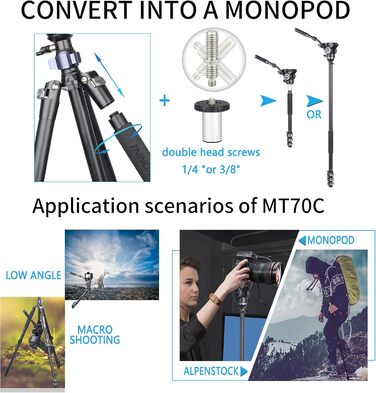 Професійний відеоштатив INNOREL MT70C з напівсферичним рівнем, карбоновий, без флюїдної голови, швидке фліп-замикання, трансформується у монопод, для DSLR камер і відеокамер