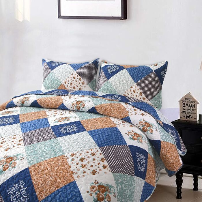 Покривало-печворк WONGS BEDDING 240x260 см з мікрофібри, стьобане, квітковий візерунок, чорне-сіре, з 2 наволочками 48x75 см