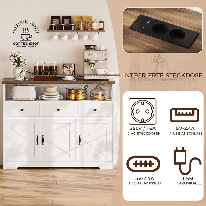 Кухонний комод-буфет IRONCK з розетками (2AC+1USB+1C), шафа для вітальні та їдальні з 3 шухлядами та 3 дверцятами, кава-бар з регульованою полицею, 107x35x95см, білий