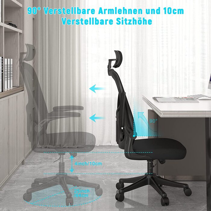 Офісний стіл Ergonomischer Bürostuhl з дихаючою сіткою, регульовані підлокітники, підголівник, поперекова підтримка, регулювання висоти, поворотний стілець на 360°, темно-чорний