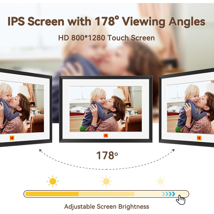 Цифровий фотоальбом Kodak 10 дюймів з Wi-Fi, акумулятором 4000mAh та 32GB пам'яті, IPS HD сенсорний екран, автоповорот, чорний