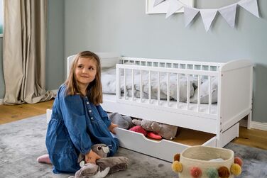 Дитяче ліжко Kids Collective 70x140 см з матрацом, висувною шухлядою, рейковим дном і бортиком безпеки, біле, з ящиком для білизни, виготовлене в Європі, для дітей до 6 років