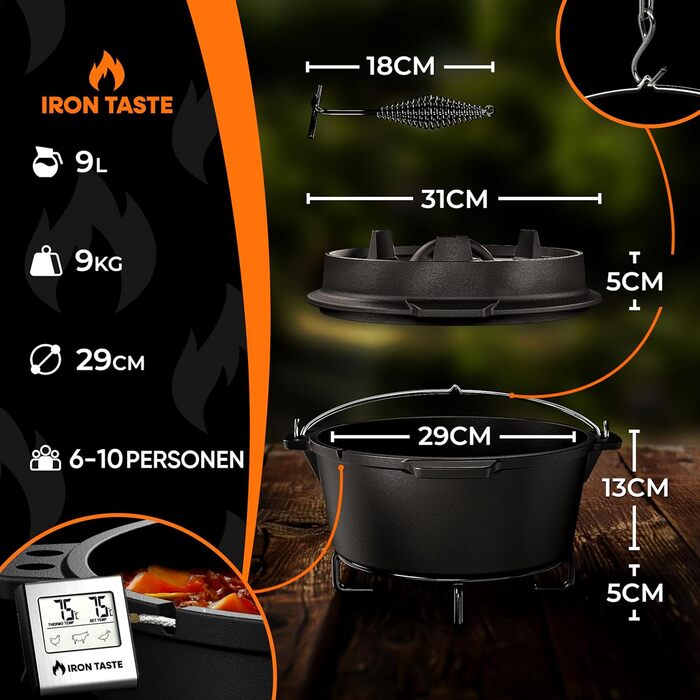 Набір чавунний казан Dutch Oven 9л з кришкою, підставкою з нержавіючої сталі та піднімачем, для 6-10 осіб