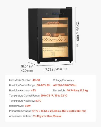Електричний хумідор для сигар VEVOR 60 л на 350 шт. з компресорним охоленням, контролем температури та вологості, 3-рівневий