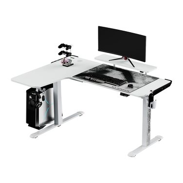 Ігровий стіл ULTRADESK Winger RGB LED L-подібний, електричний підйомний стіл для комп'ютера, білий, 155x111x60 см (лівий)