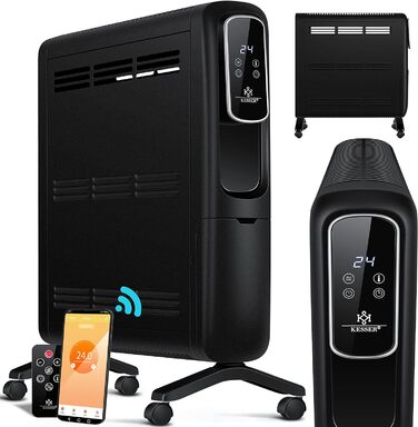 Електричний конвектор KESSER ECO 2500Вт з WiFi, термостатом, сенсорним дисплеєм, таймером, чорний, енергоощадний радіатор з додатком та пультом ДУ