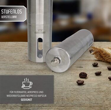 Кавомолка ручна з керамічними жорнами Kaffeemühle 2.0 - Еспресо-кавомолка з нержавіючої сталі + щітка та мішок для збору кави. Точне регулювання помелу.