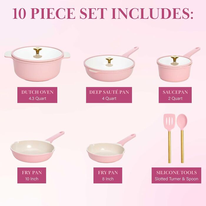 Набір посуду Paris Hilton Ceramic Pink, 10 предметів, антипригарне покриття, нержавіюча сталь, без PFAS, PFOA, PFOS, PTFE, для посудомийної машини