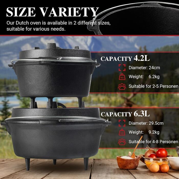 Чавунний казан OVERMONT Dutch Oven (розмір L) для багаття та кемпінгу, з двосторонньою кришкою, ніжками та піднімачем