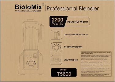 Потужний блендер BioloMix 2200 Вт з функцією самоочищення, стаціонарний міксер із 2-літровою без BPA чашею, смузі-мейкер T5600