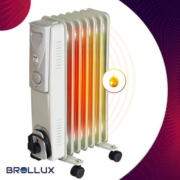 Електричний масляний радіатор BROLLUX 1500W, мобільний обігрівач з 7 секціями та термостатом