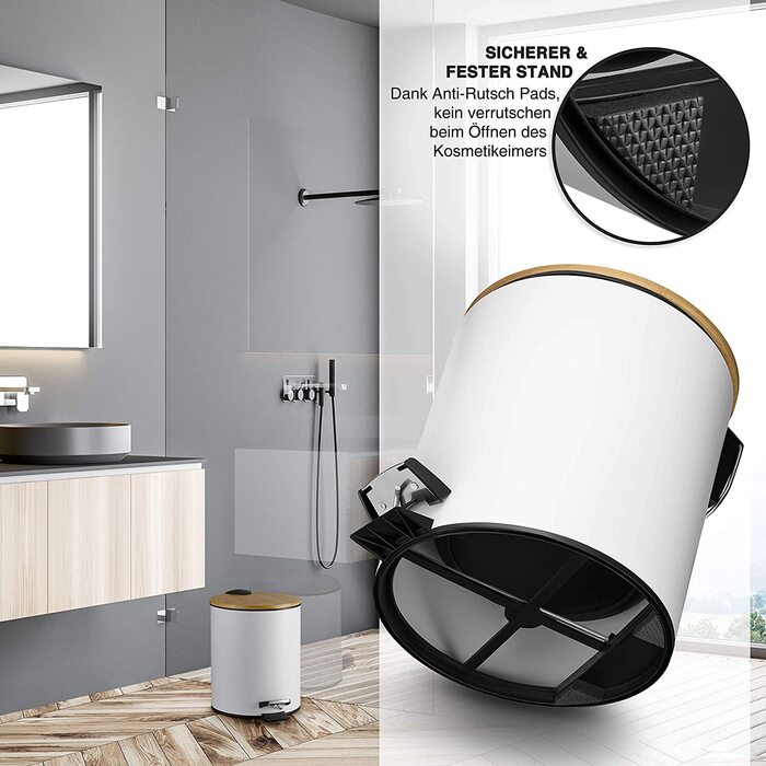 Косметичний відро для сміття VMbathrooms 5 л, білий, з бамбуковою кришкою, педаллю та Soft Close, для ванної кімнати