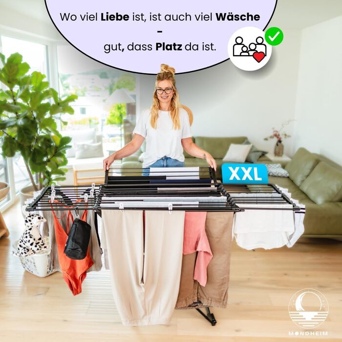 Телескопічна сушарка для білизни MONDHEIM Obsidian XXL, 26м довжини розсушування, розкладна знімною поперечиною, чорна, для балкона та тераси