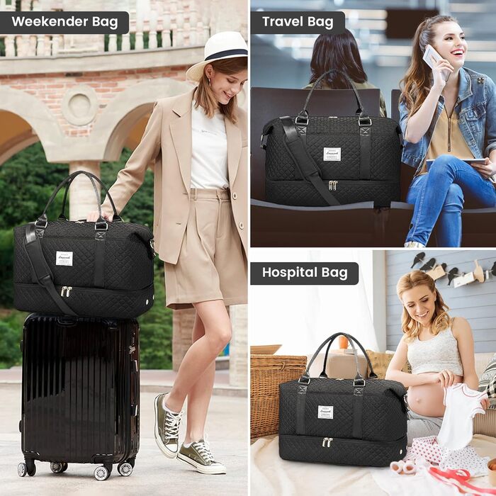 Спортивна сумка LOVEVOOK для жінок: велика дорожня сумка-мішок, weekender, з косметичкою, відділенням для взуття, водонепроникна, для подорожей, спортзалу, кемпінгу (L-2шт), чорна