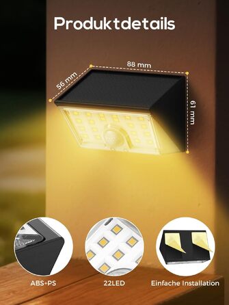 Комплект сонячних настінних світильників Smiling Shark WL-06 (4 шт), LED-лампи з датчиком руху 120°, 4 режими роботи, водонепроникні IP65 для саду, тераси та паркану, тепле біле світло