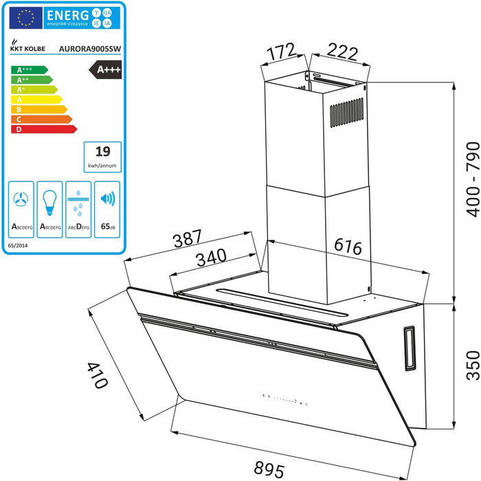 Витяжка для кухні KKT KOLBE AURORA6005FB 90 см, чорна з білим склом, потужність 782 м³/год, WiFi, RGBW LED-підсвітка, сенсорне керування, режим рециркуляції та відведення