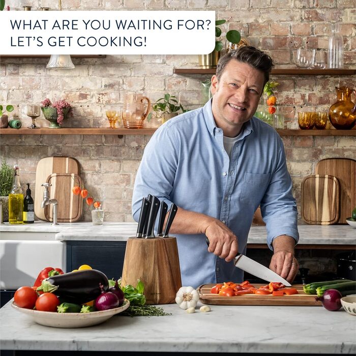 Набір кухонних ножів з підставкою Jamie Oliver by Tefal (5 ножів + блок), сталь з криозагартуванням, дерево акації, коричневий, K267S556