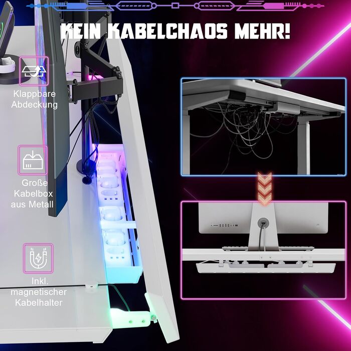 Регульований по висоті письмовий стіл Devoko 160x70 см, ігровий стіл для комп'ютера з двома моторами, LED-підсвіткою та системою кабель-менеджменту, білий
